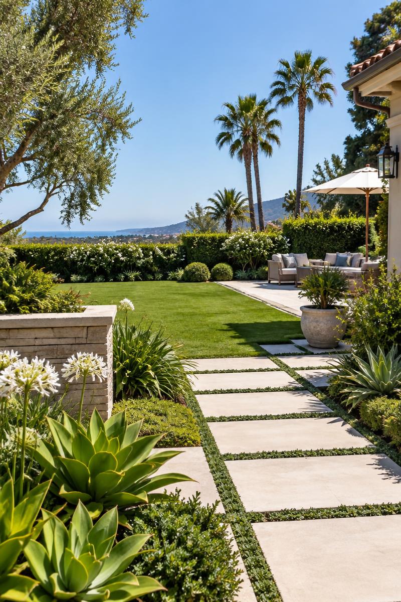 Manicured Ventura County garden with stone pavers